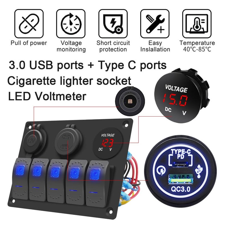 Garfour 5 Gang Boat Switch Panel Marine, Waterproof Rocker Switch Panel with 12V Voltmeter, Type-C & QC 3.0 USB Charger for 12V/24V Car Truck Boat RV - Image 2